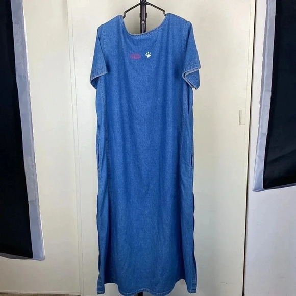 Cat lover Vtg denim short sleeve scoop neck embroidered side slit maxi dress XXL - Picture 6 of 17